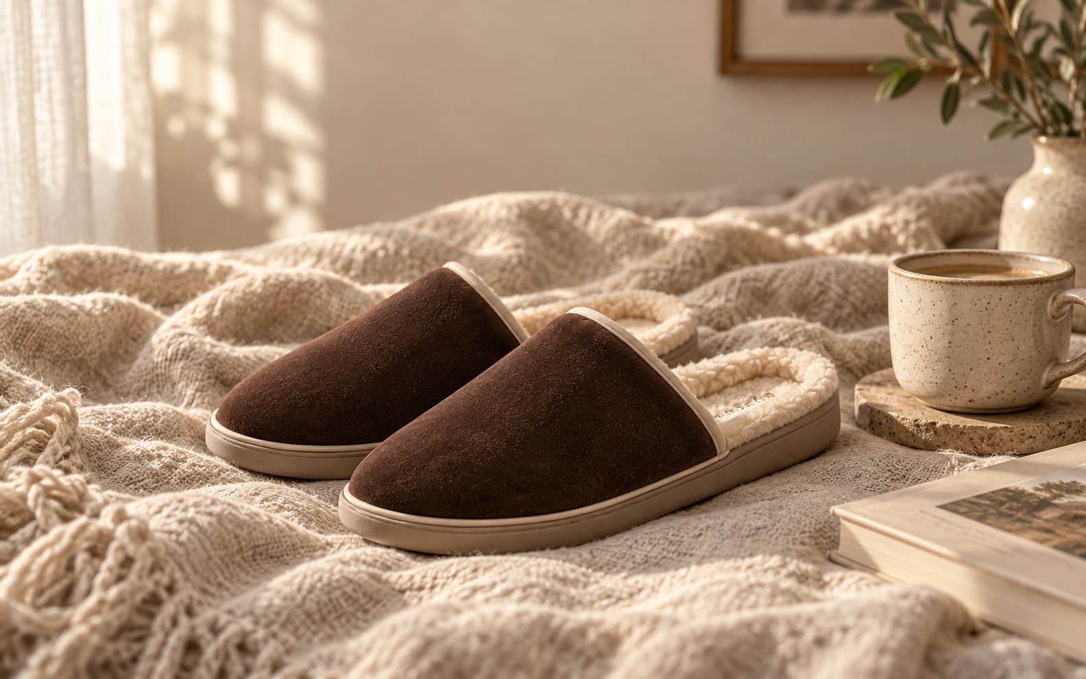 A pair of espresso velvet mules resting on a linen throw in morning light