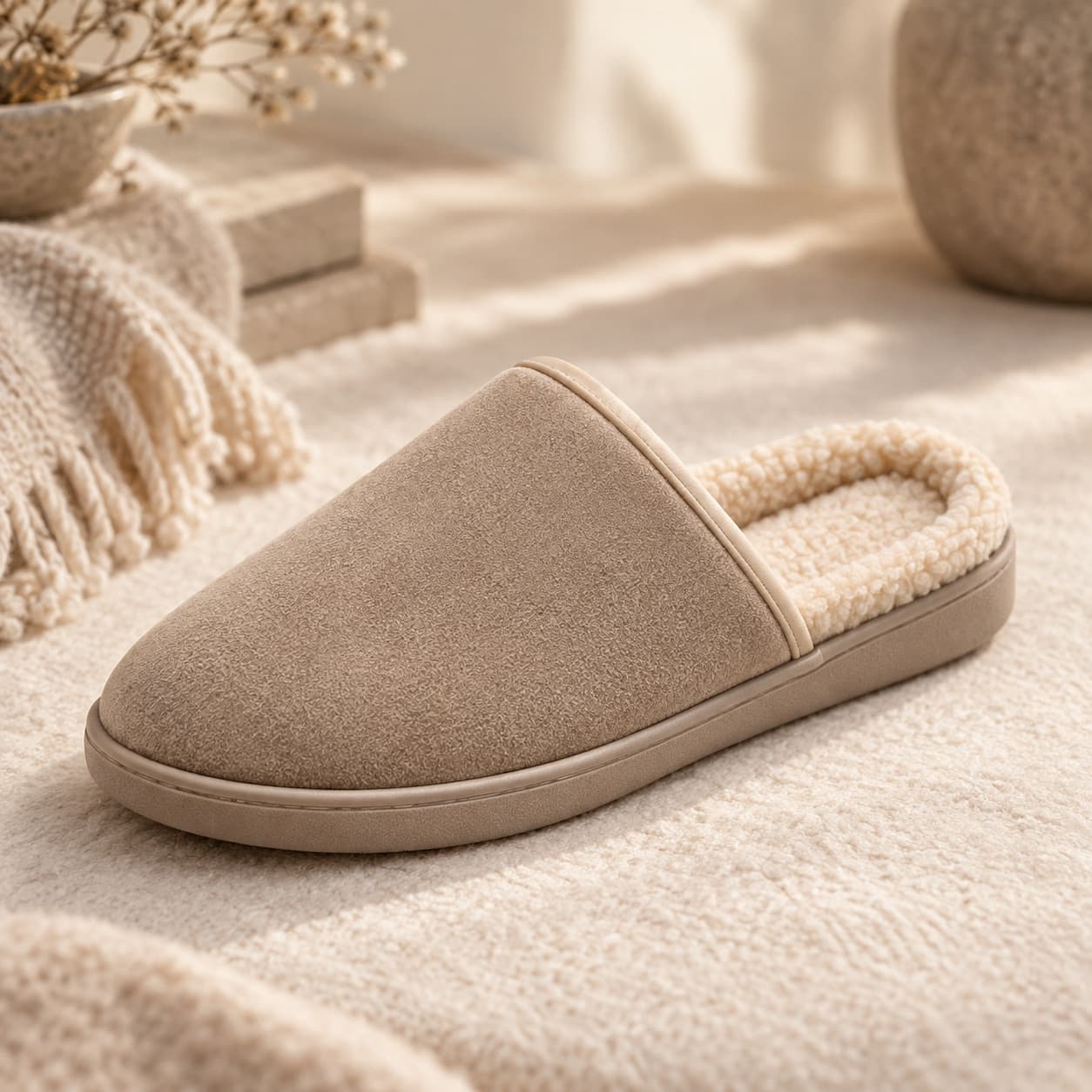 Oatmeal velvet mule, three-quarter view