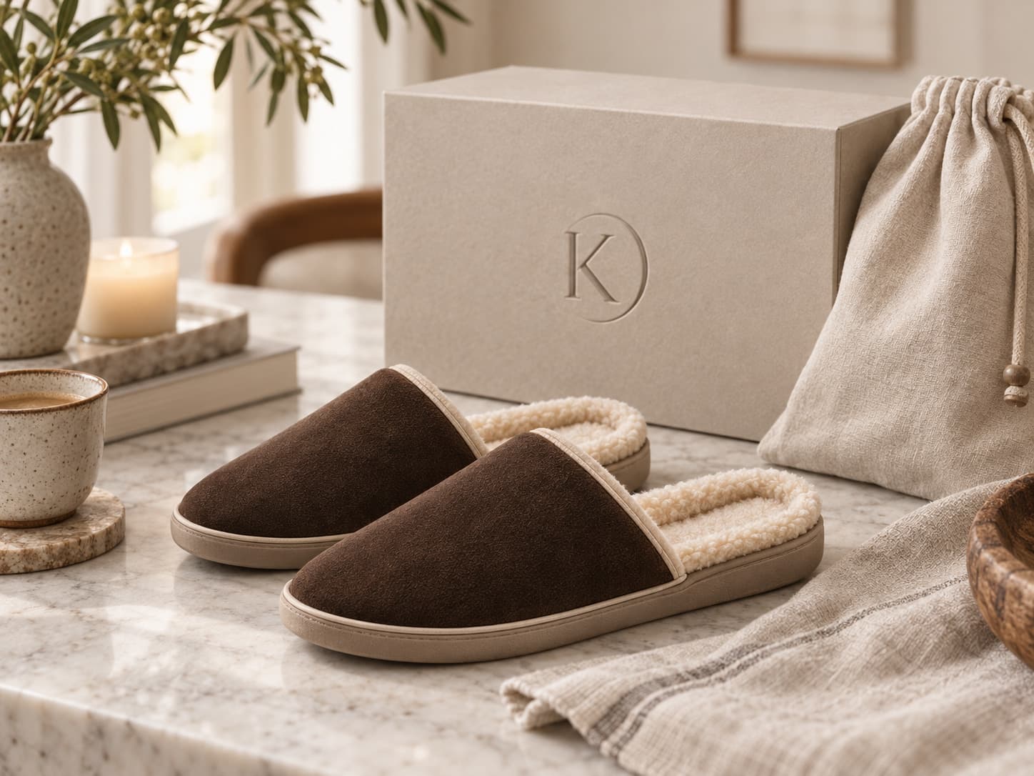 The KADEÓN box and dust bag arranged on a marble surface